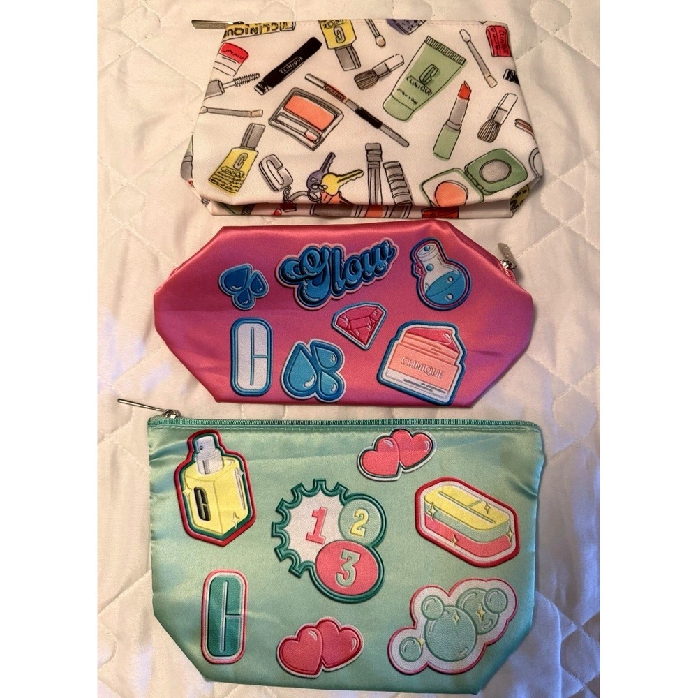 Clinique‎ Makeup Cosmetic Bags Lot of 3 Pink Mint Green White Travel Pouches
